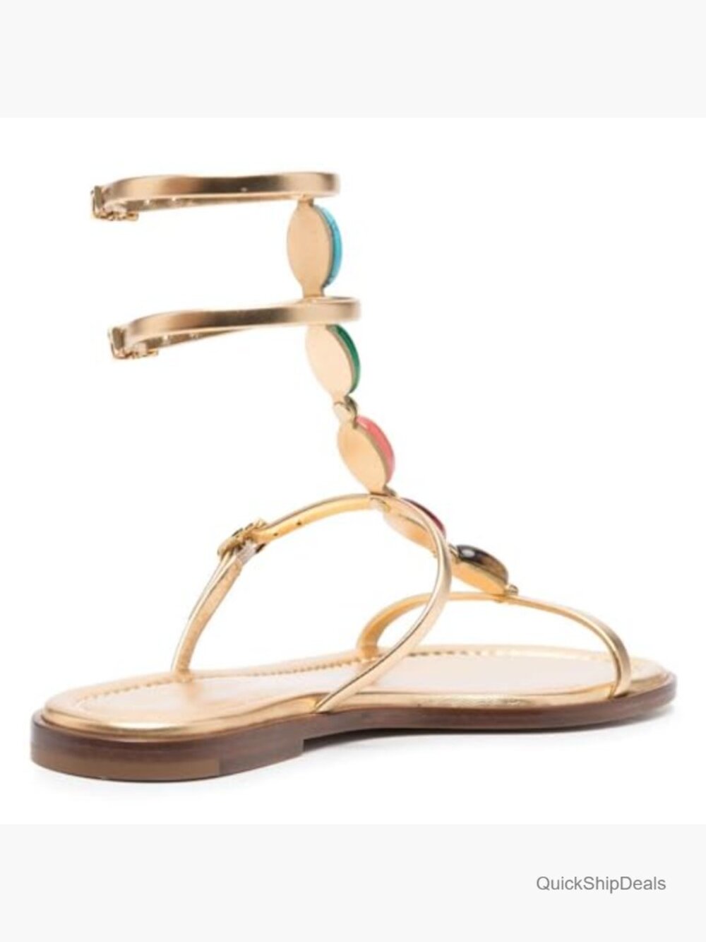 Faux Leather Gladiator Flat Sandals with Gemstone Embellishments T-Strap - Picture 4 of 7